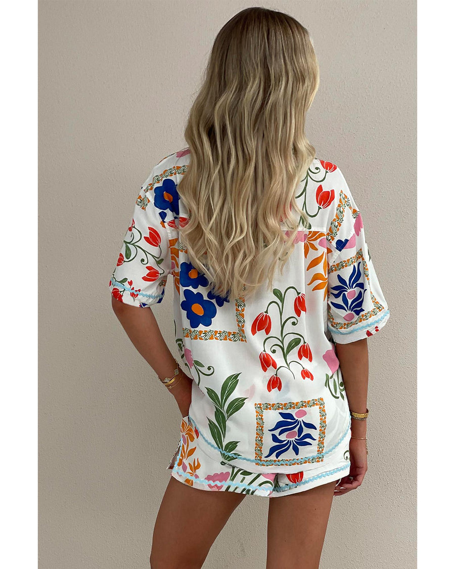 Pink Ricrac Trim Floral Short Sleeve Shirt and Shorts Outfit - XL