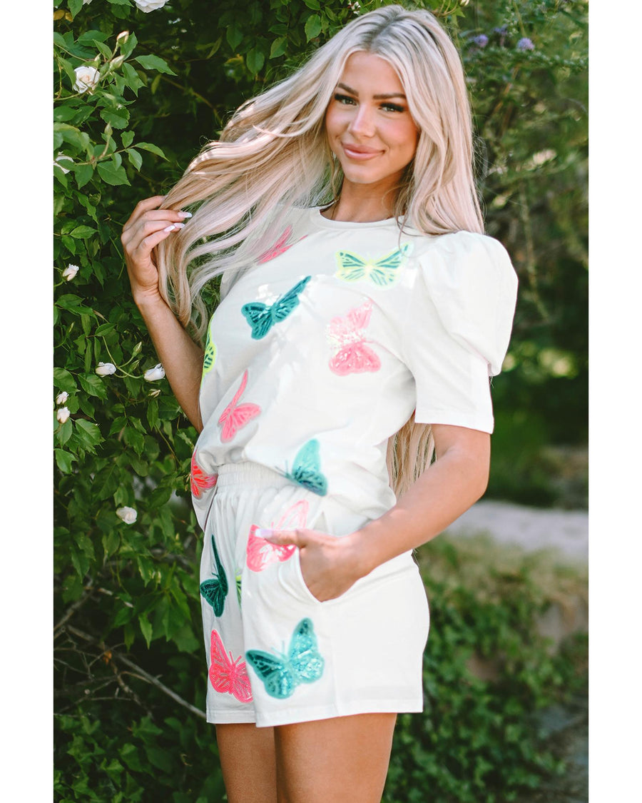 White Colorful Sequin Butterfly Puff Sleeve Top Shorts Set - L