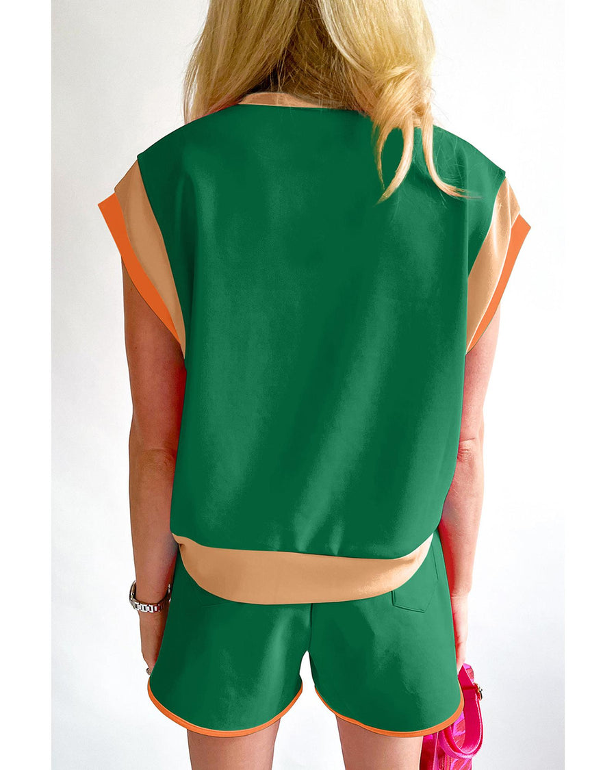 Dark Green Contrast Trim Cap Sleeve Tee Shorts Set - S