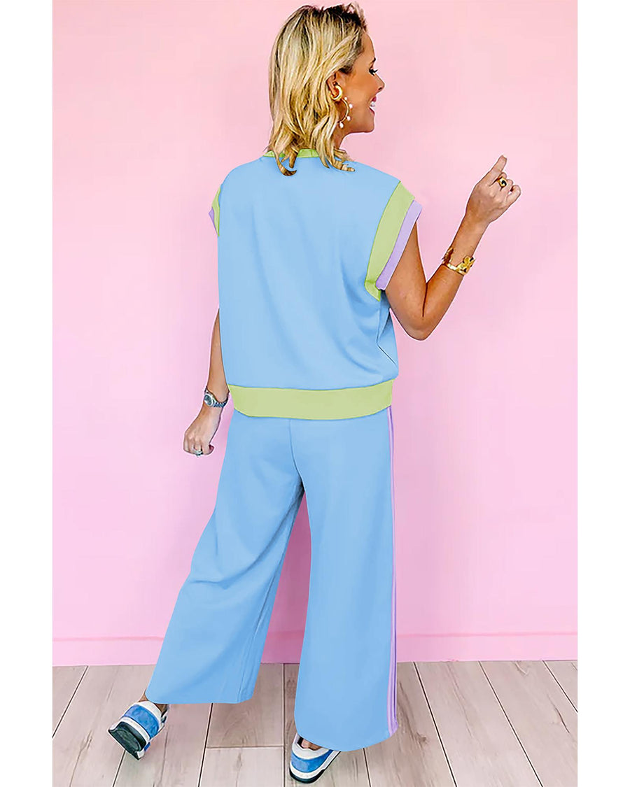 Sky Blue Color Block Detail Casual Two-piece Outfit - L