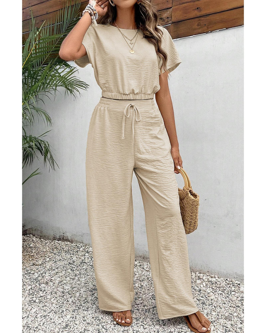 Beige Crinkled Elastic Hem Crop Tee and Wide Leg Pants Set - L