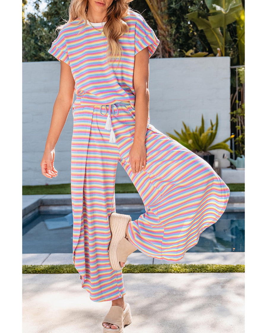 Pink Stripe Rainbow Tee Tasseled String Wide Leg Pants Set - S