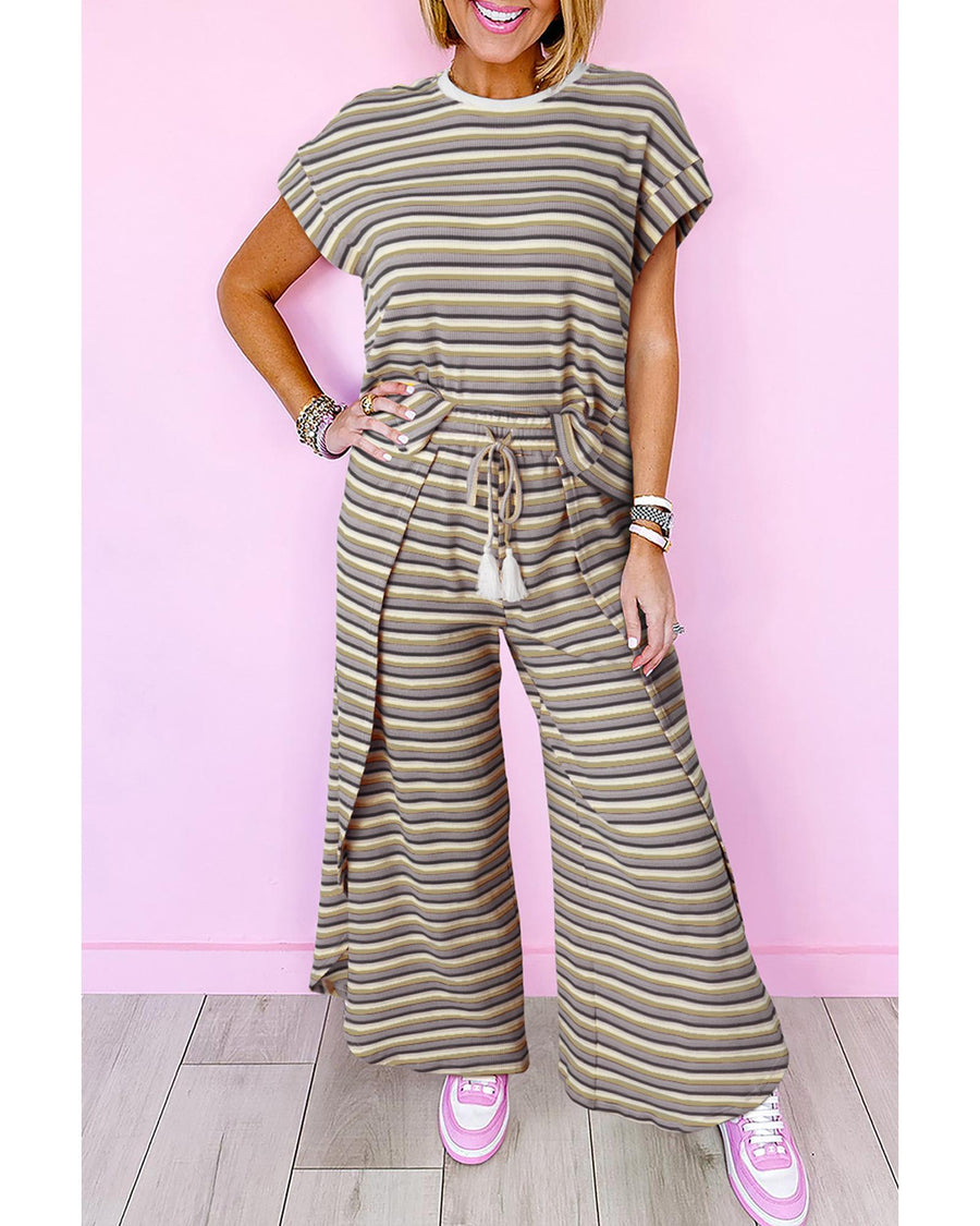 Black Stripe Rainbow Tee Tasseled String Wide Leg Pants Set - XL