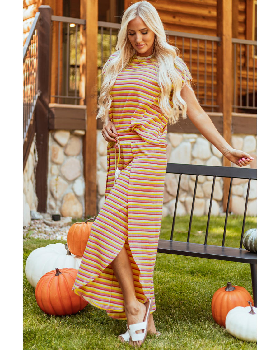 Yellow Stripe Rainbow Tee Tasseled String Wide Leg Pants Set - M
