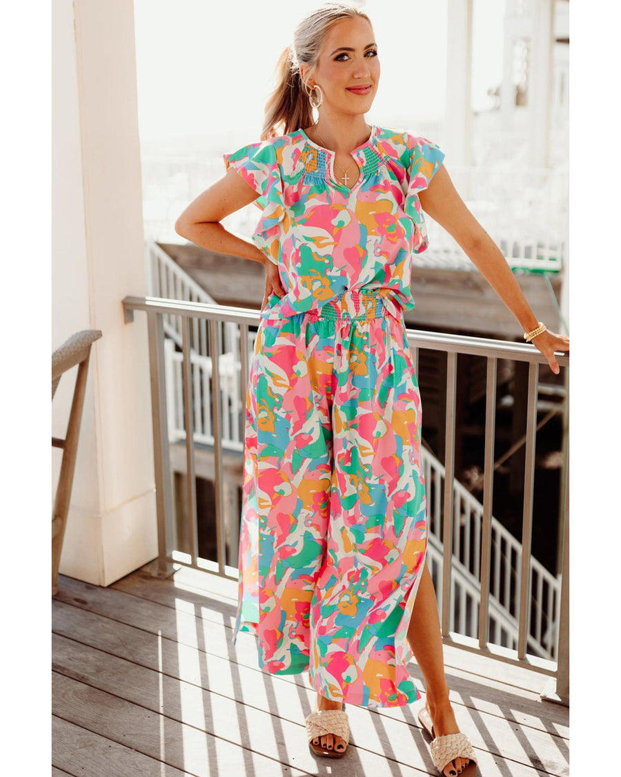 Floral Ruffled Sleeve Top Smocked Wide Leg Pants Set - M