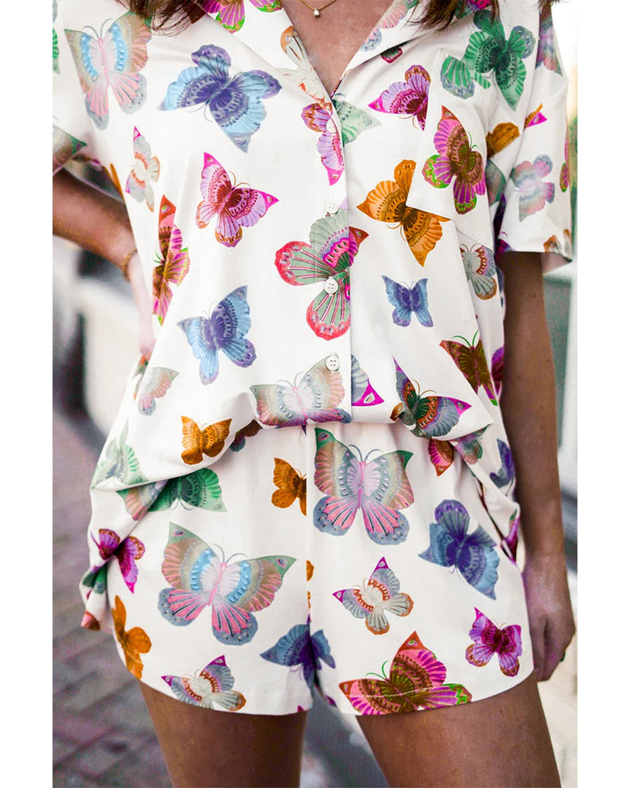 Multicolour Butterfly Pattern Short Sleeve Shirt Pajamas Set - M
