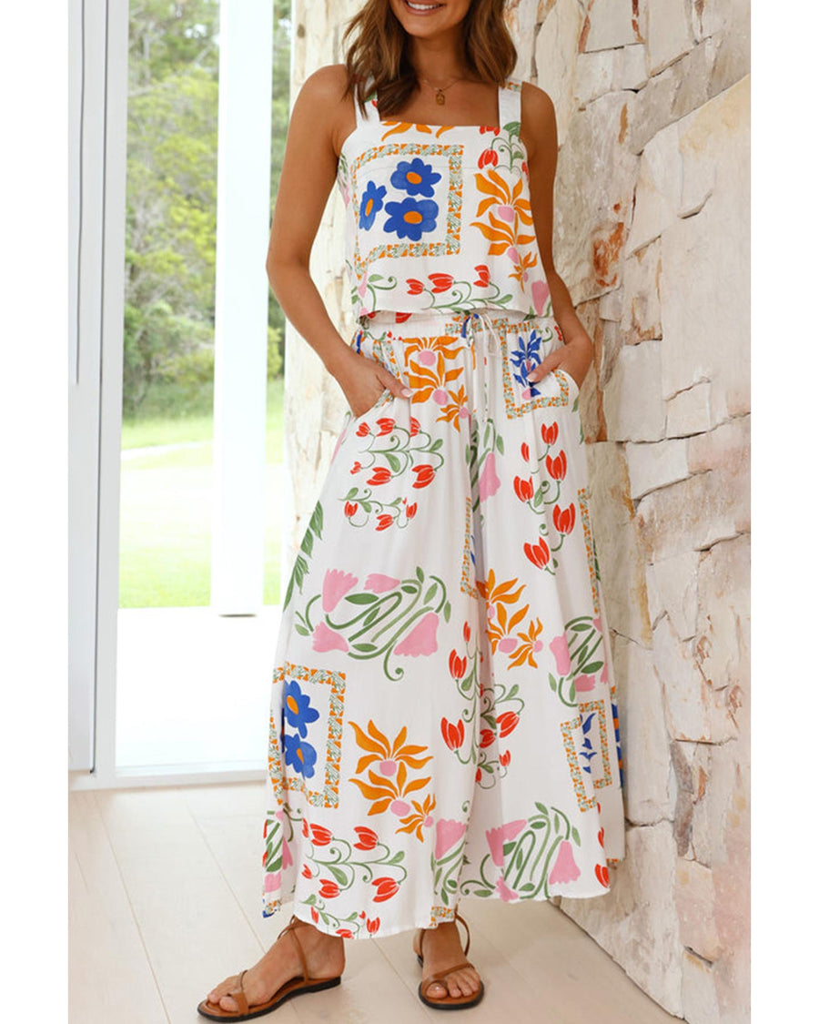 White Colorful Printed Square Neck Tank and Wide Leg Pants Set - XL