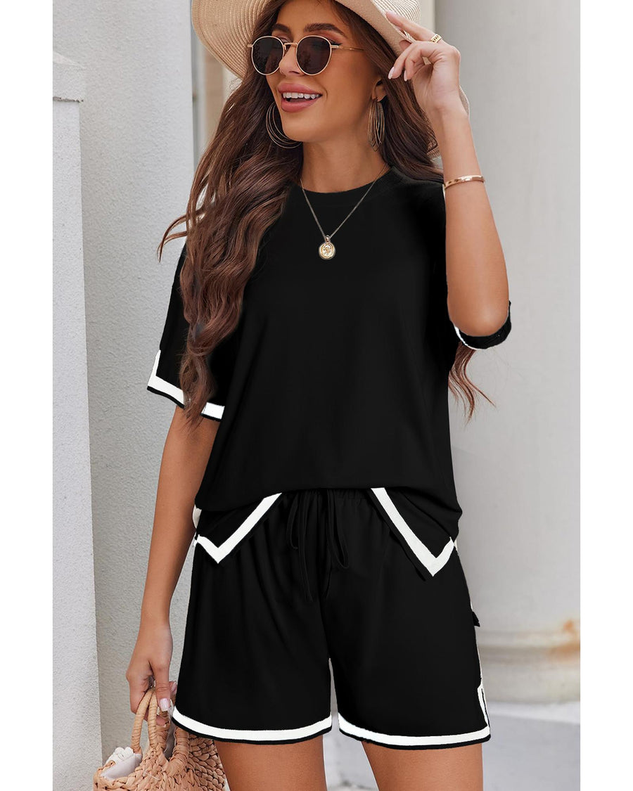 Black Contrast Trim Tee and Shorts Set - S