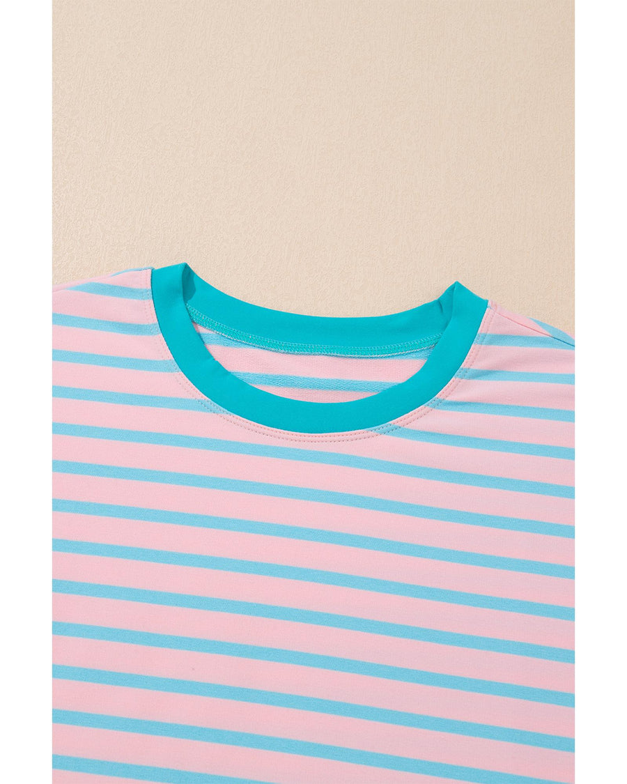 Pink Stripe Color Block Loose Fit Two Piece Shorts Set - XL