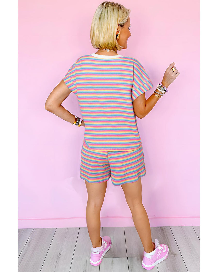 Pink Stripe Crew Neck Tee and Tasseled Drawstring Shorts Set - M