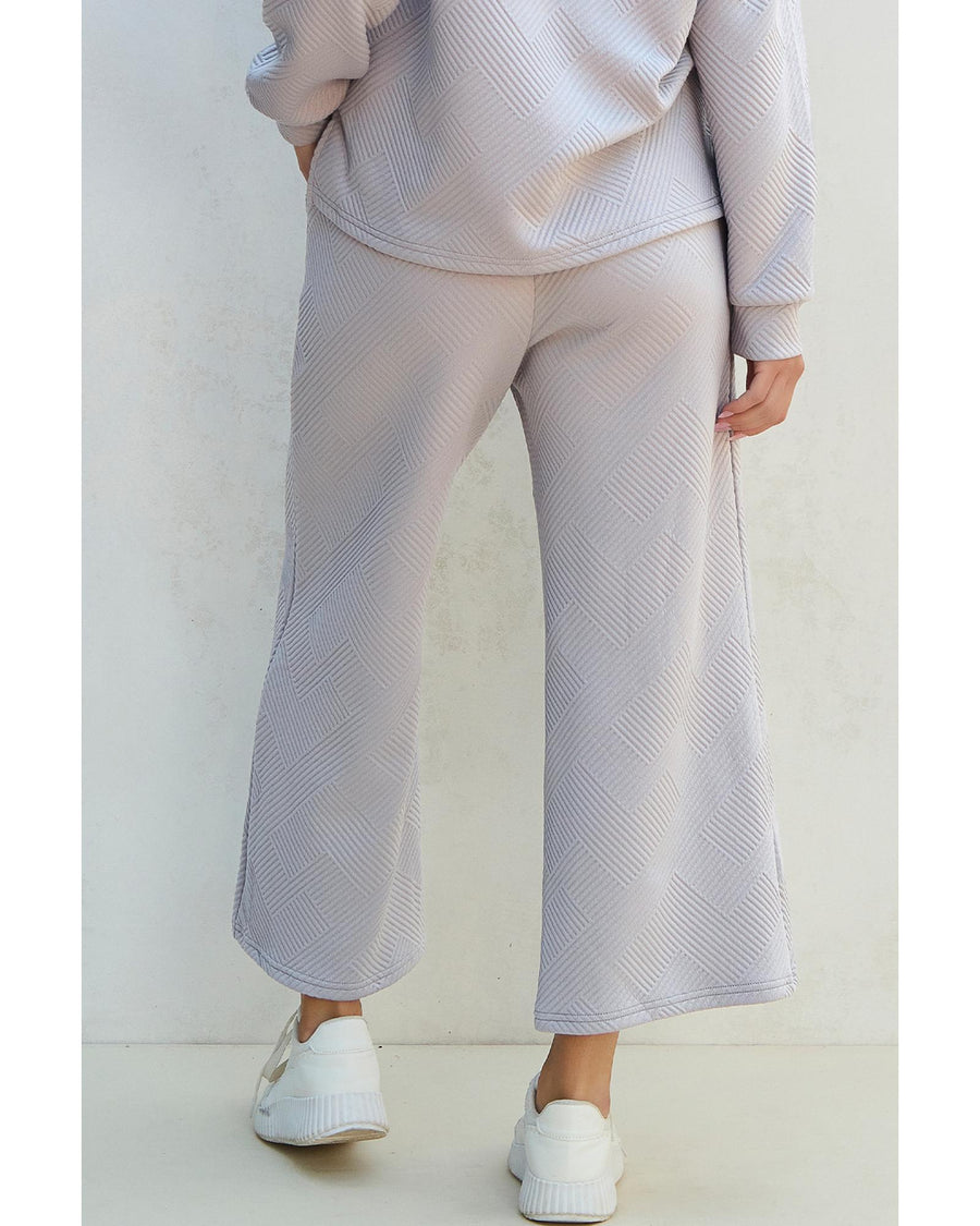 Light Grey Solid Textured Collared V Neck Top and Wide Leg Pants Set - 2XL