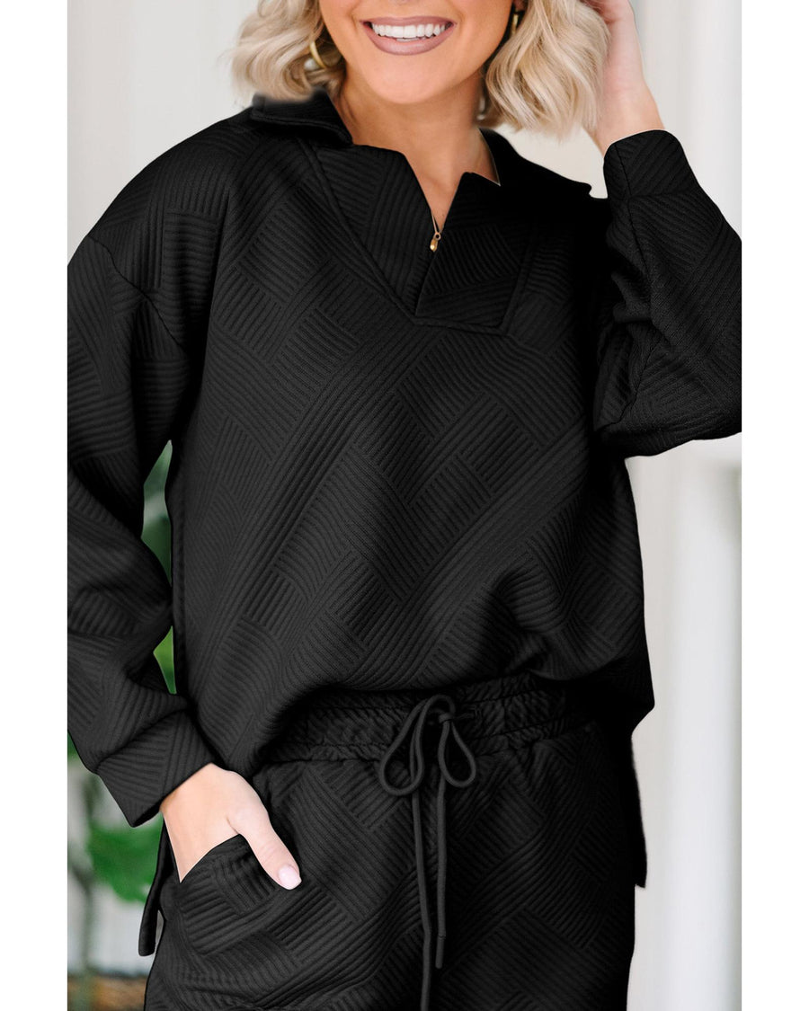 Black Solid Textured Collared V Neck Top and Wide Leg Pants Set - L