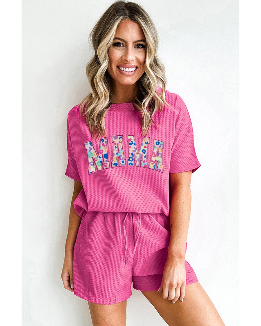 Rose Red MAMA Embroidered Leopard Letters Waffle Short Set - XL