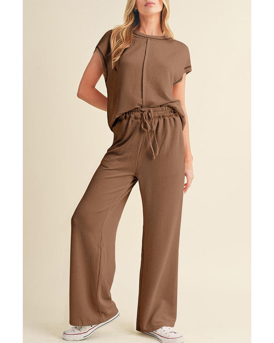 Coffee Solid Color Corded Short Sleeve Top and Casual Pants Set - L