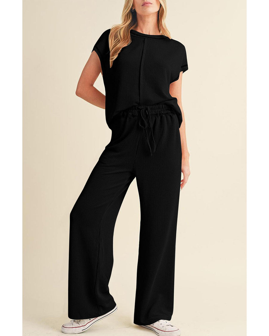 Black Solid Color Corded Short Sleeve Top and Casual Pants Set - S