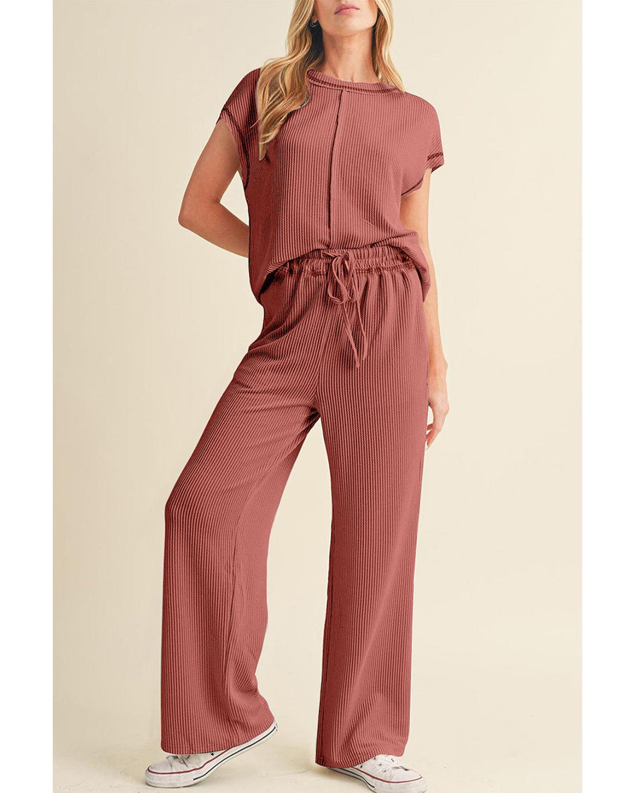 Mineral Red Solid Color Corded Short Sleeve Top and Casual Pants Set - M