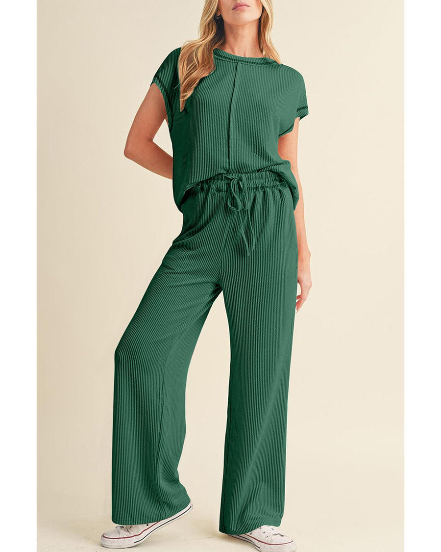 Blackish Green Solid Color Corded Short Sleeve Top and Casual Pants Set - M