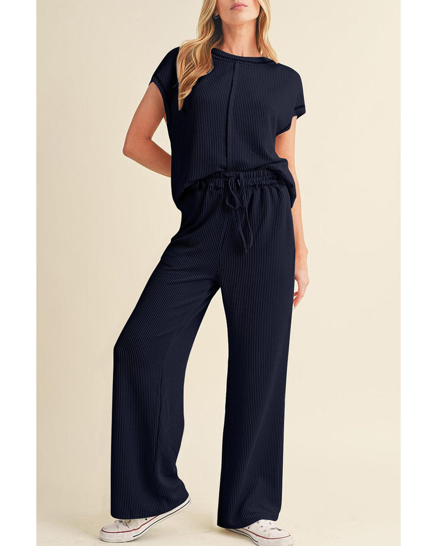 Navy Blue Solid Color Corded Short Sleeve Top and Casual Pants Set - M