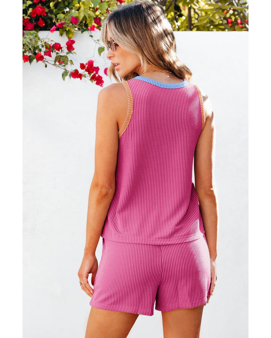 Bright Pink Corded Contrast Trim Sleeveless Top and Shorts Set - XL