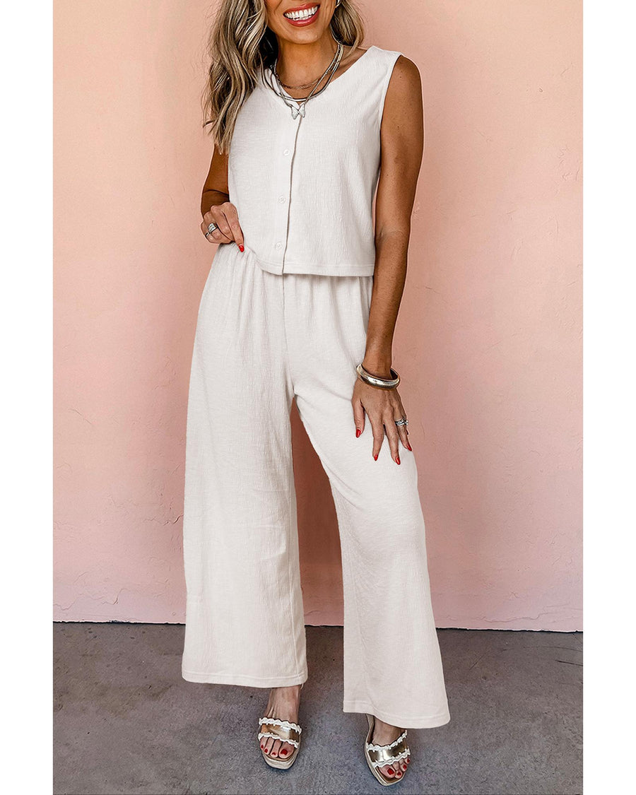 Apricot Buttoned V Neck Tank Top and Wide Leg Pants Casual Outfit - L