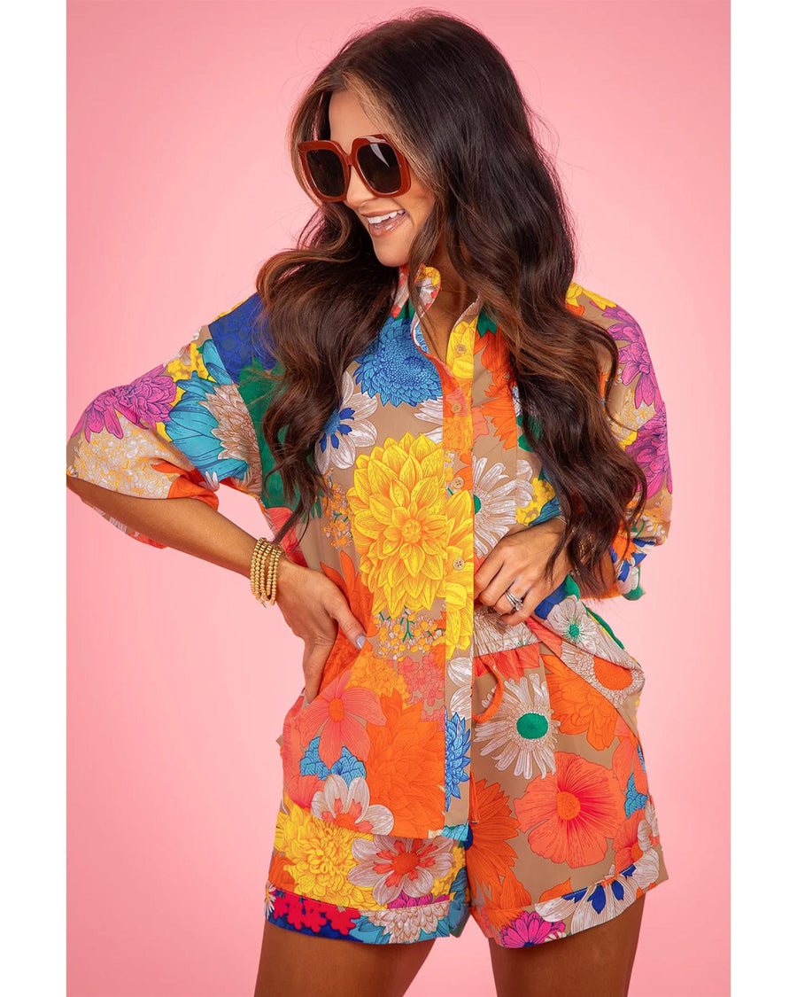 Orange Floral Printed Shirt Two Piece Drawstring Shorts Set - XL