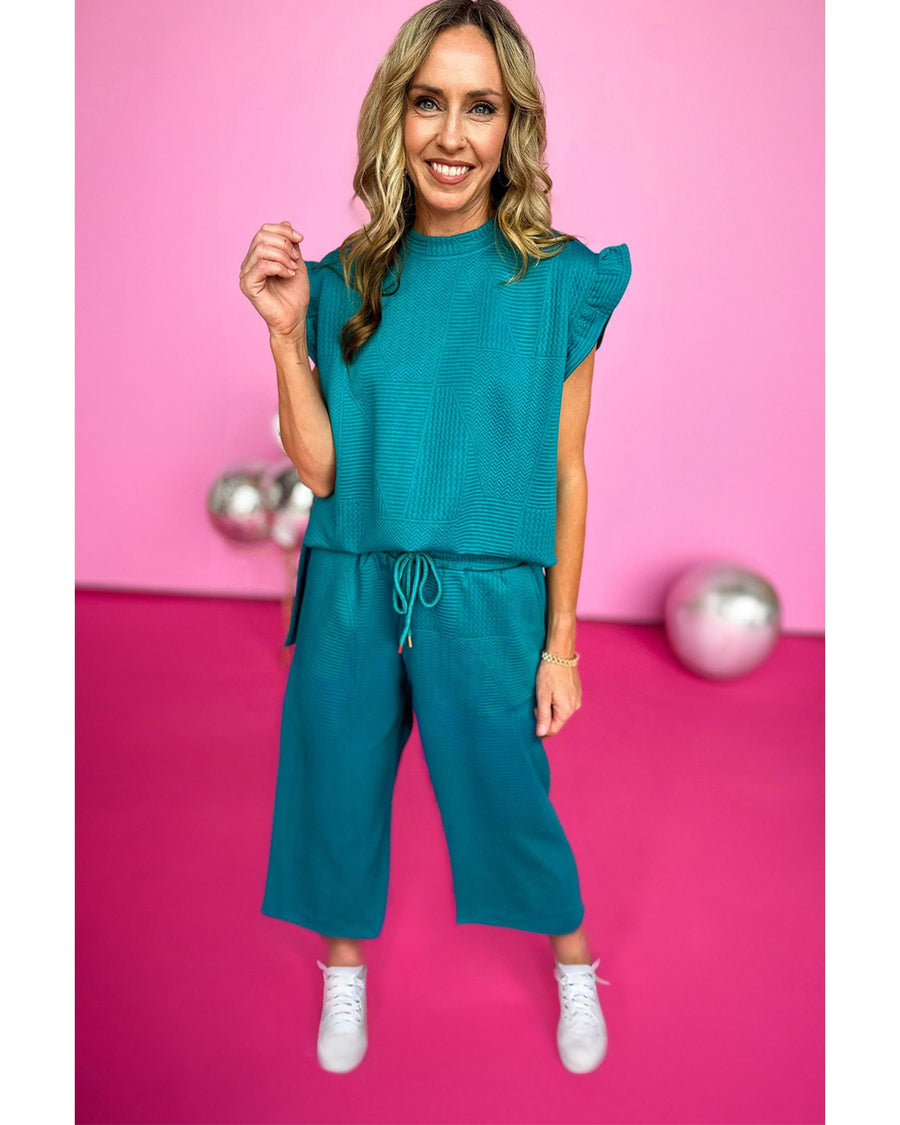 Skobeloff Ruffled Sleeve Summer Top and Cropped Loose Pants Set - XL