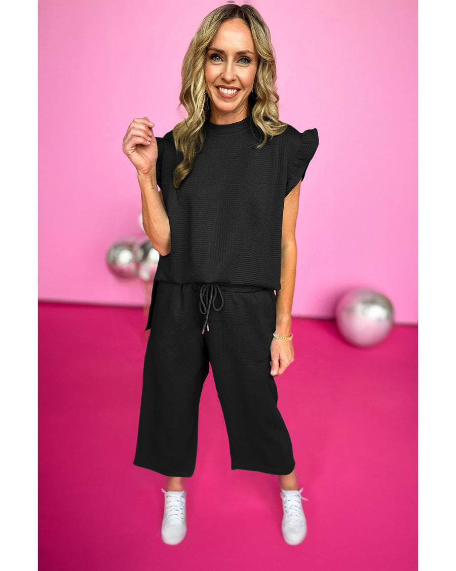 Black Ruffled Sleeve Summer Top and Cropped Loose Pants Set - S