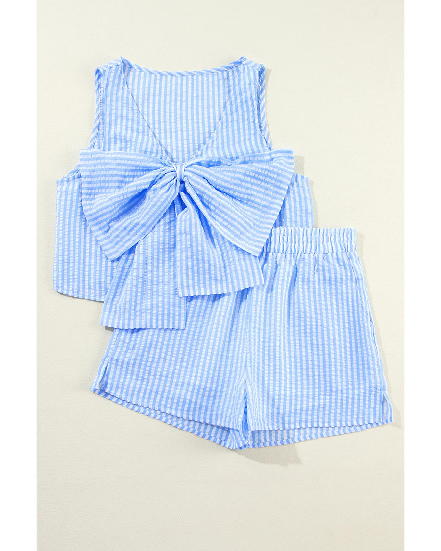 Sky Blue Stripe V Neck Bowknot Crop Tank and Shorts Set - XL