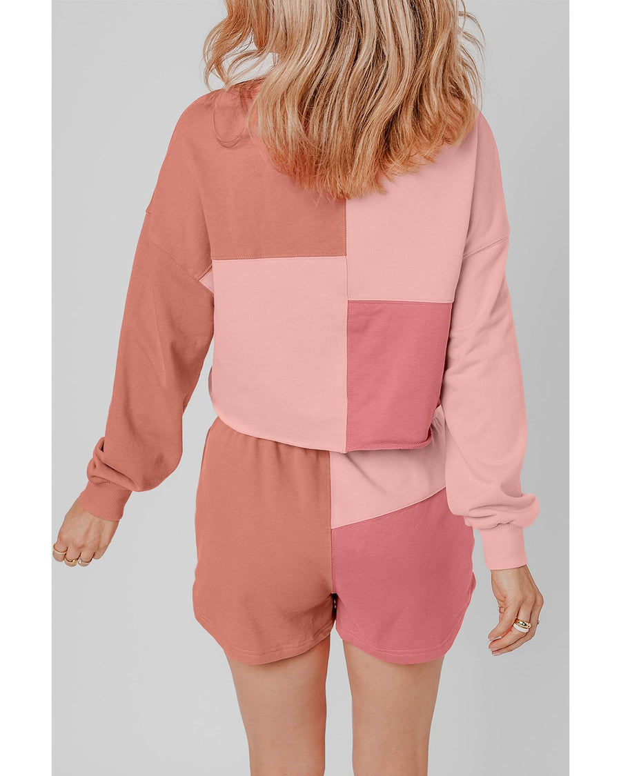 Peach Blossom Colorblock Patchwork Long Sleeve Shorts Outfit - M