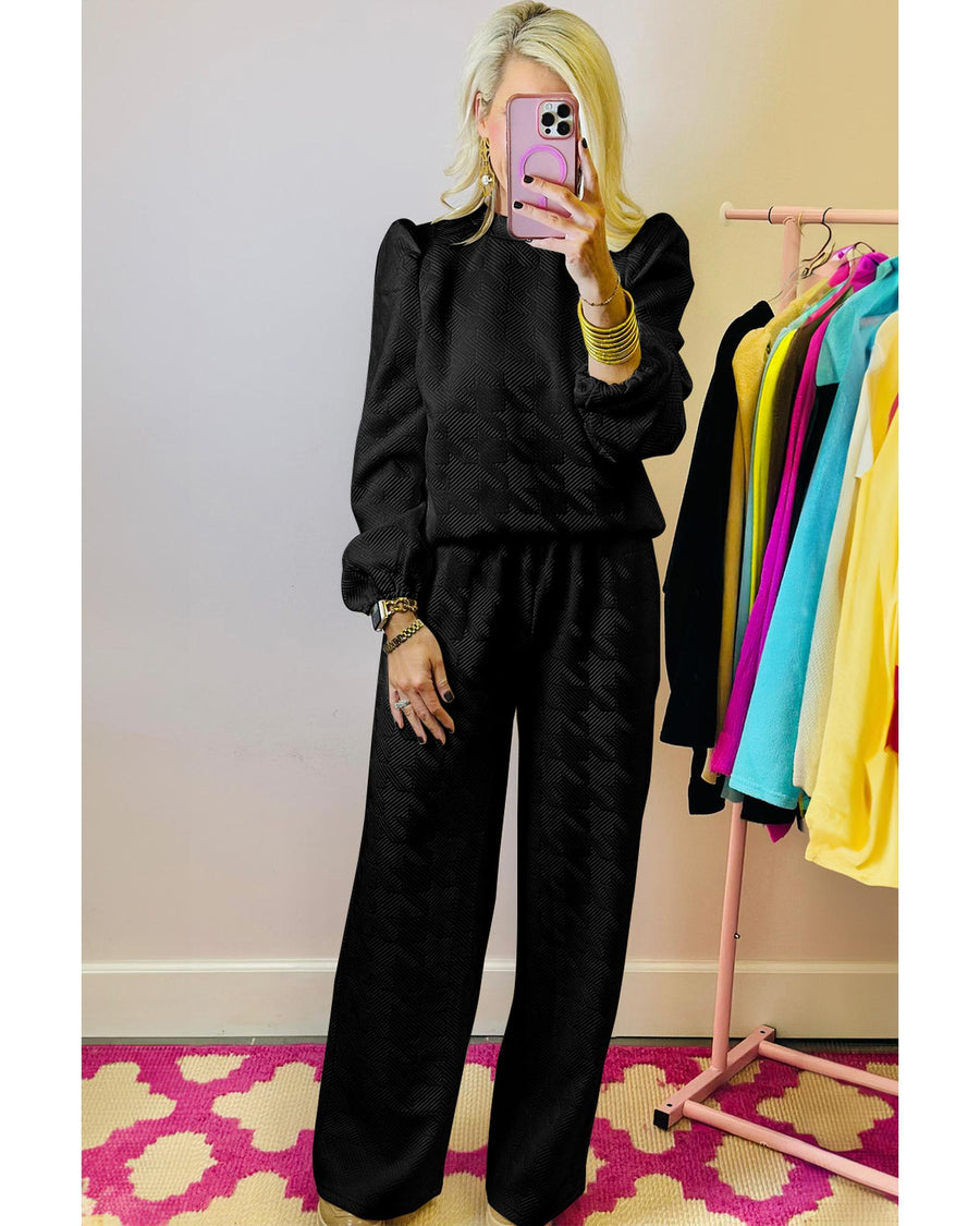 Black Textured Puff Sleeve Top and Pants Set - S