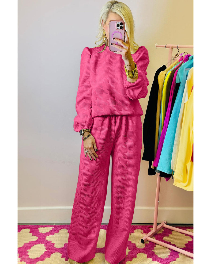 Rose Red Textured Puff Sleeve Top and Pants Set - M