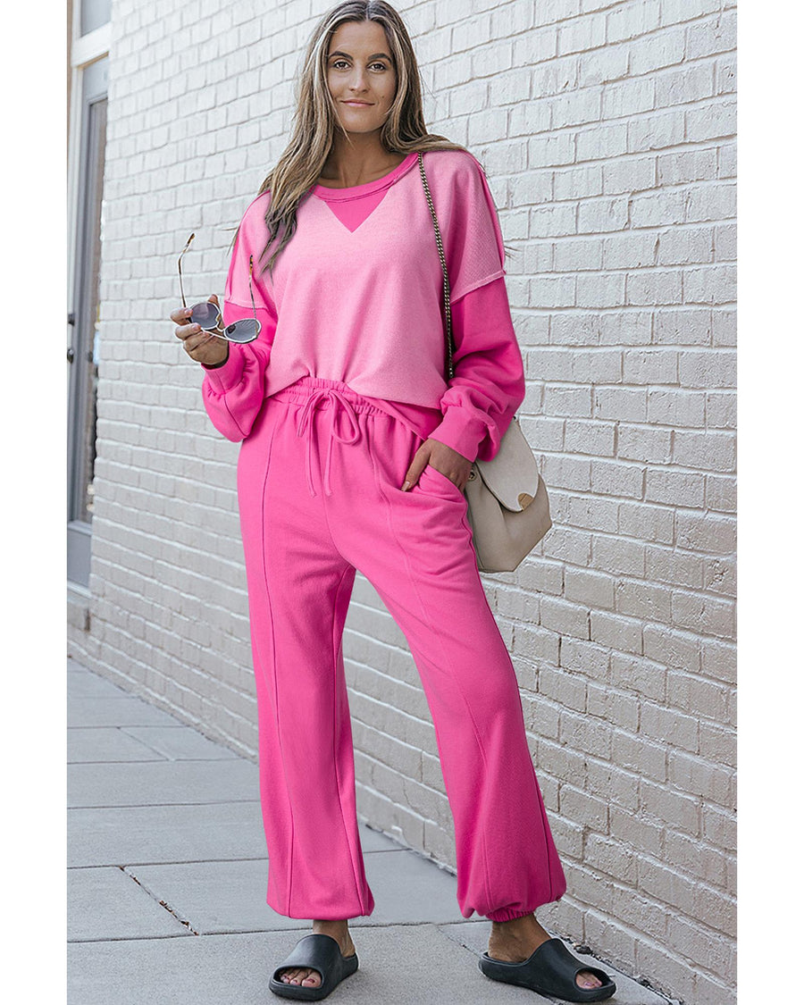 Bonbon Contrast Patchwork Pullover and Drawstring Joggers Set - M