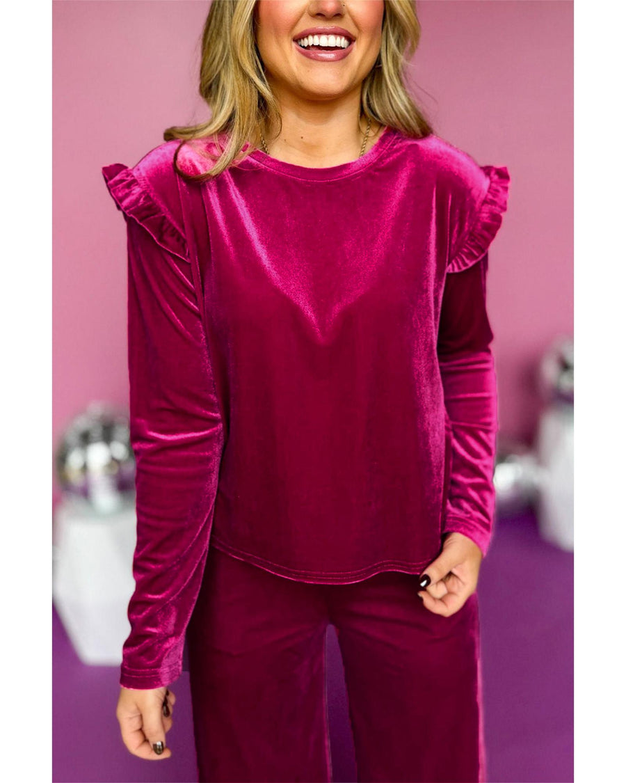 Rose Red Solid Velvet Ruffled Two Piece Pants Set - L