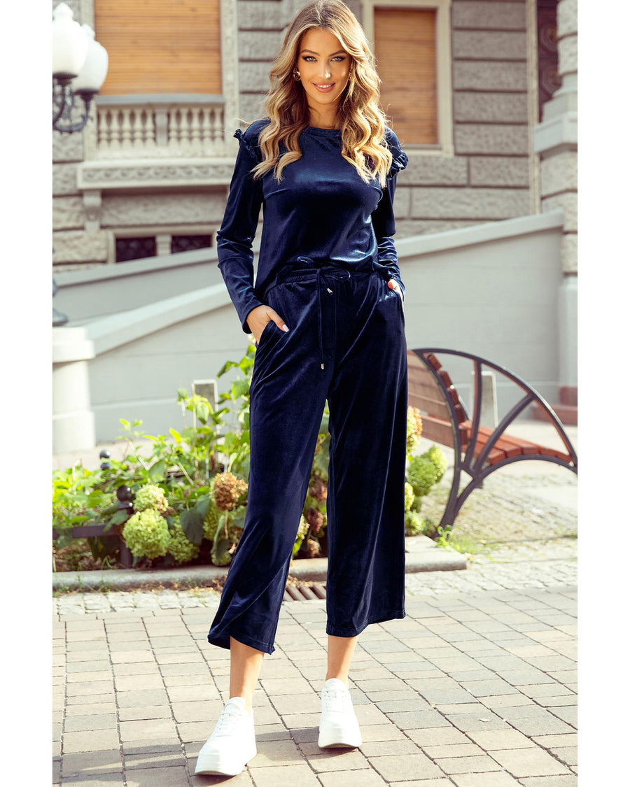 Navy Blue Solid Velvet Ruffled Two Piece Pants Set - L