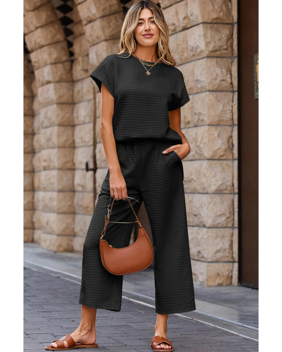 Black Solid Color Textured Short Sleeve Top and Casual Pants Set - XL