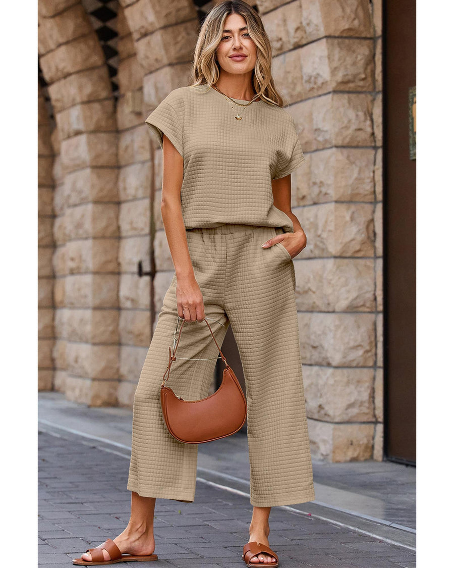Parchment Solid Color Textured Short Sleeve Top and Casual Pants Set - L