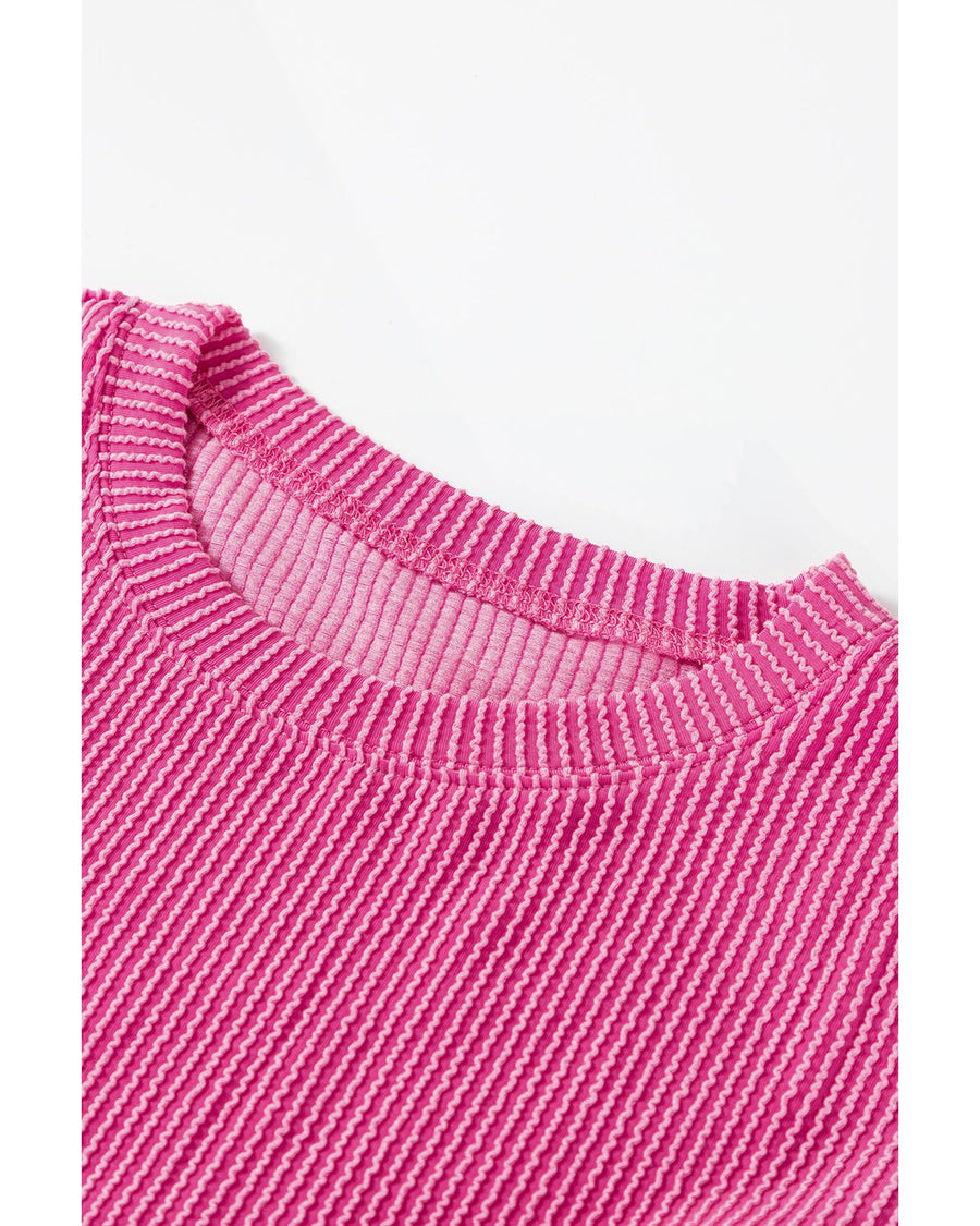 Strawberry Pink Corded Textured Long Sleeve Top and Shorts Set - L