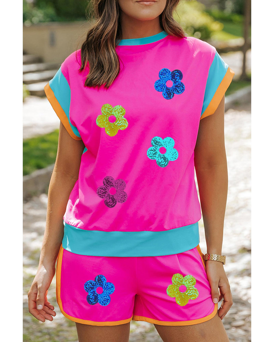 Rose Red Sequined Flower Graphic Colorblock 2 Piece Shorts Set - L