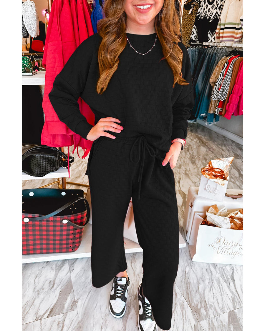 Color black Checkered Textured Split Pullover Top and Pants Set - XL