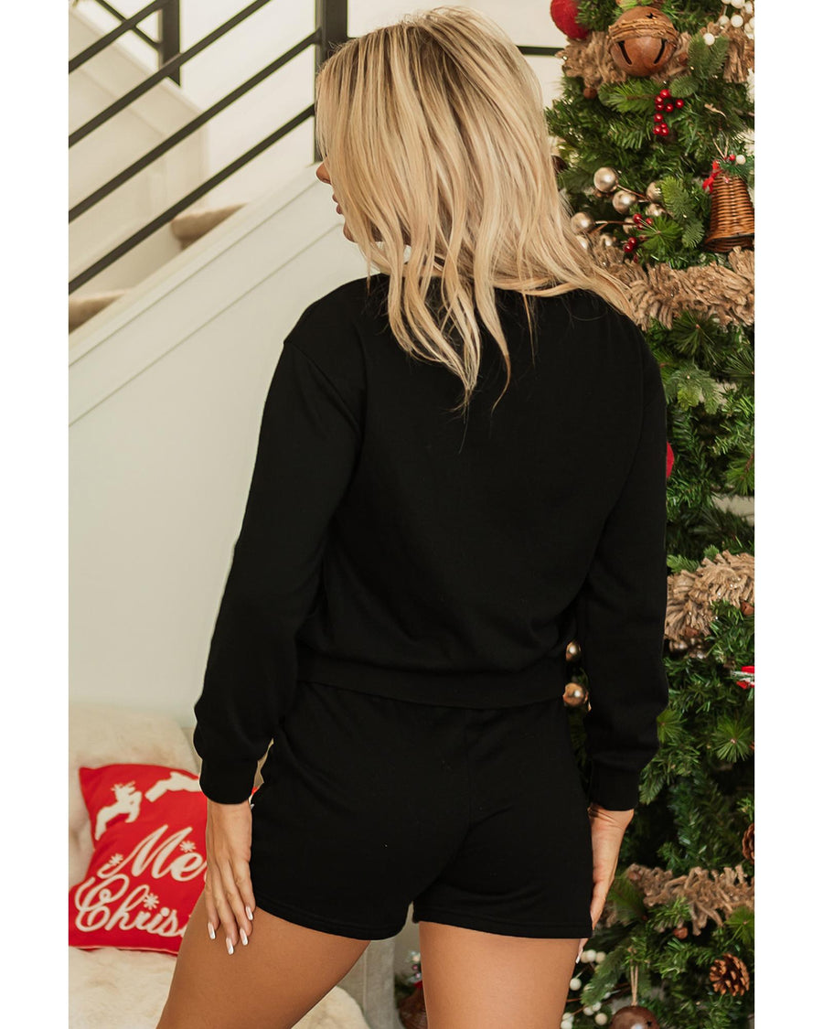 Black Sequin Merry Graphic Pullover and Shorts Outfit - M