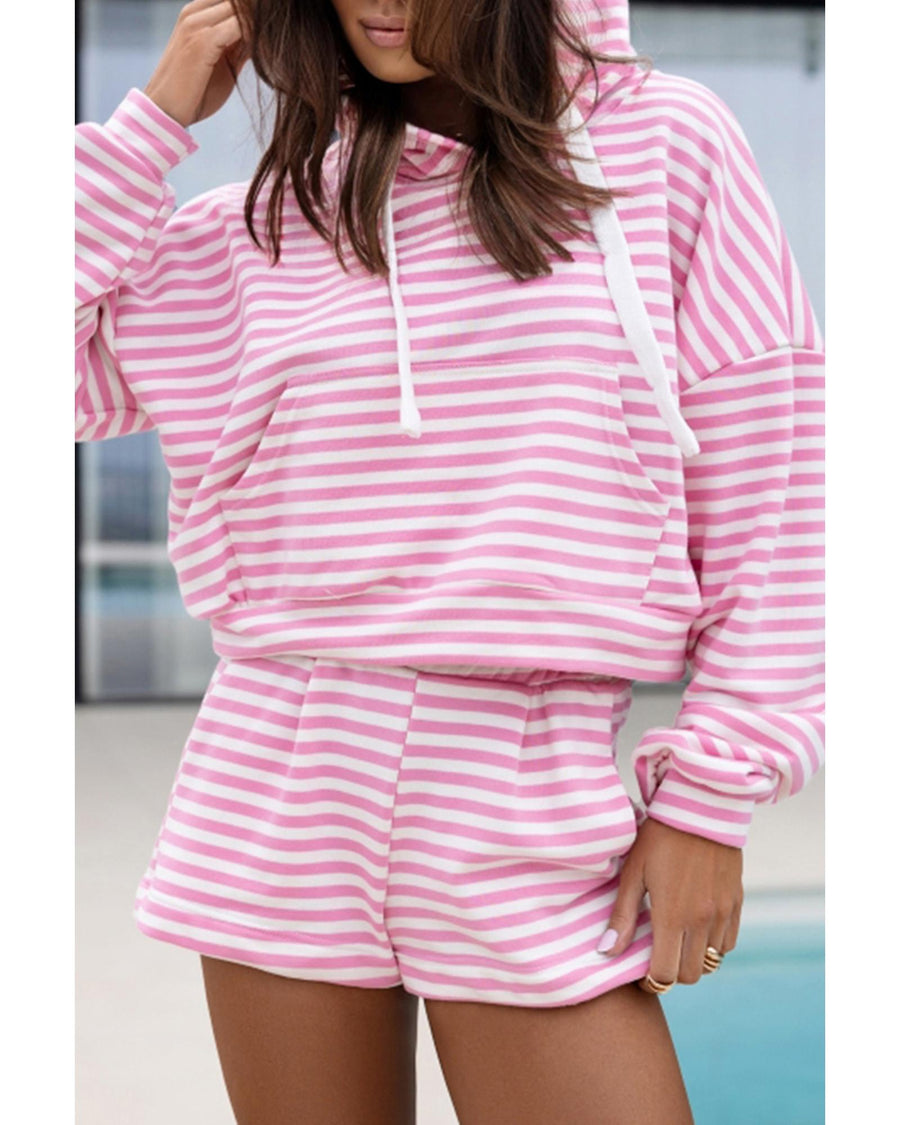 Pink Stripe Kangaroo Pocket Hoodie and Wide Leg Shorts Set - L