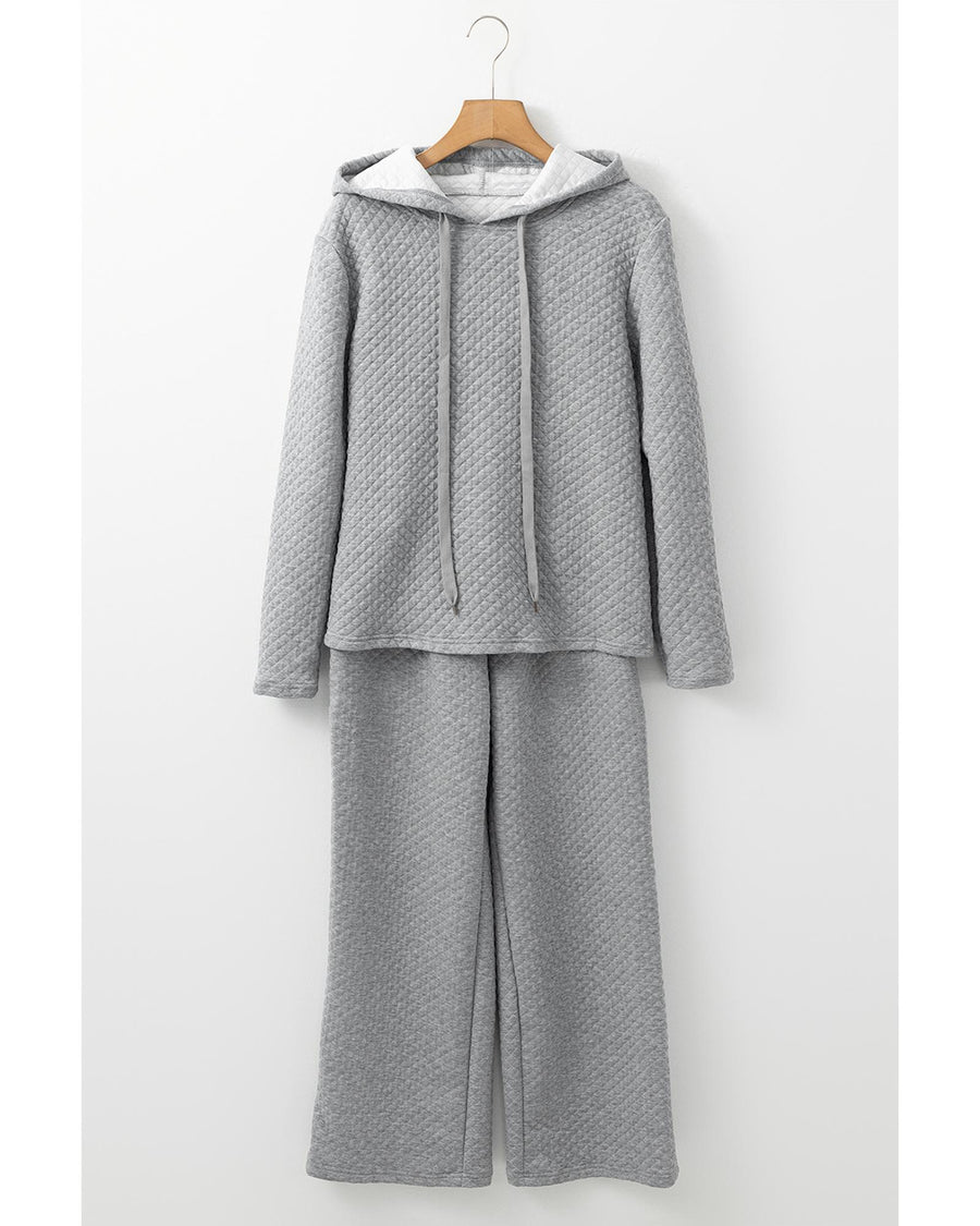Gray Solid Color Drawstring Hoodie and Wide Leg Pants Set - S