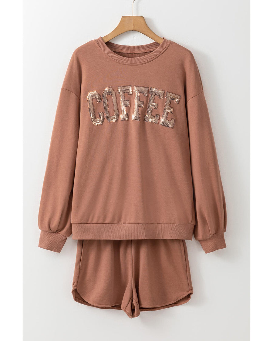 Straw Yellow Sequined COFFEE Loose Fit Sweatshirt and Shorts Set - XL