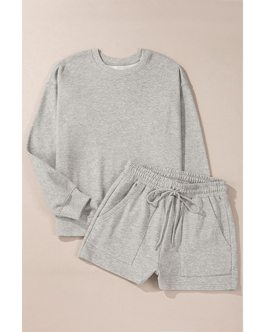 Light Grey Solid Pullover Sweatshirt and Shorts 2 Piece Set - S