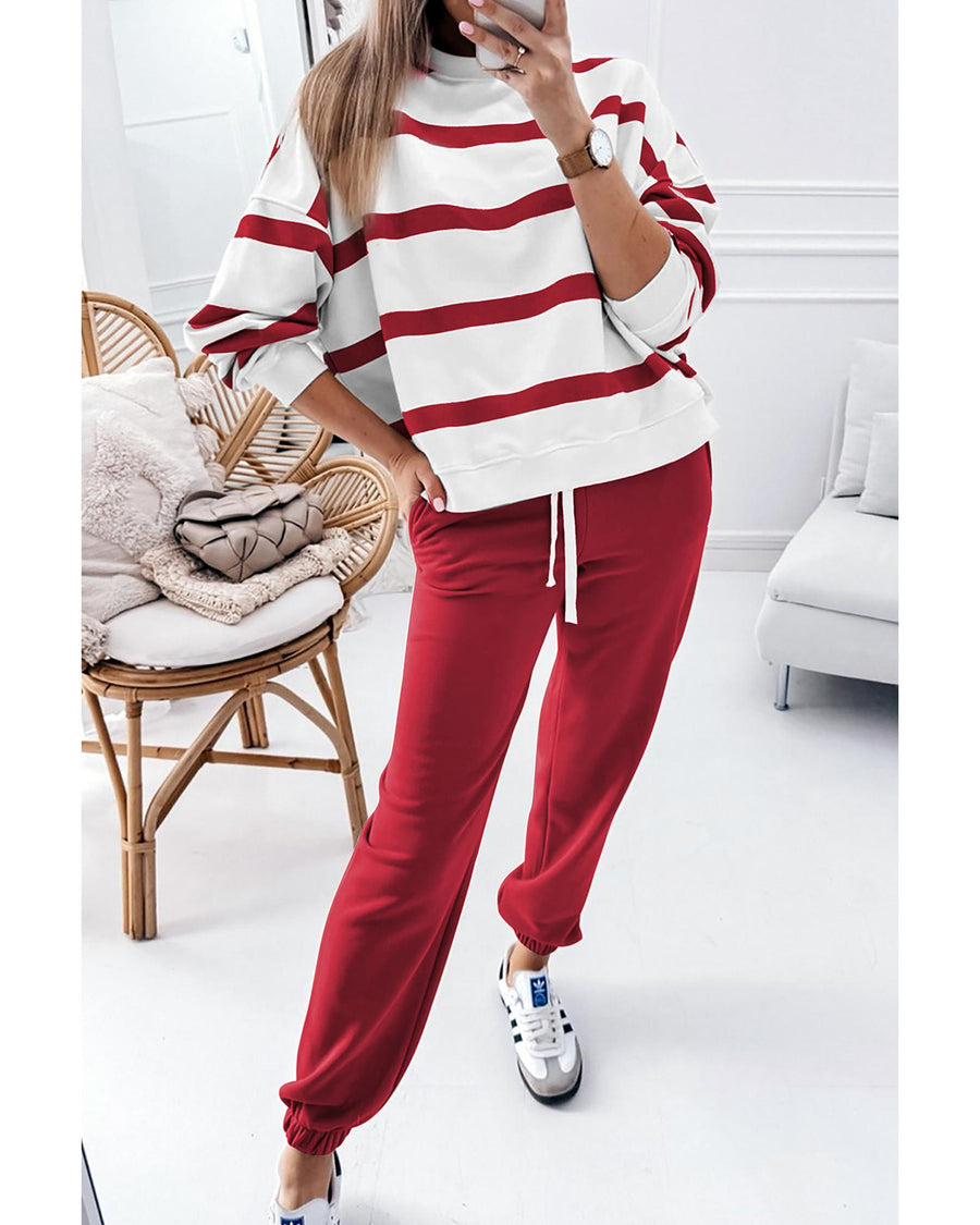 Red Stripe Drop Shoulder Pullover and Jogger Pants Set - S