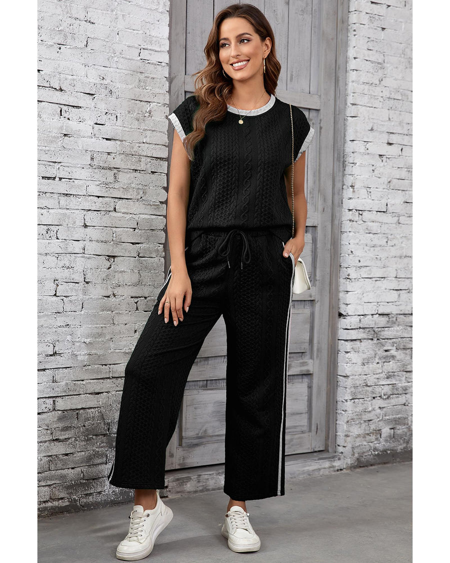 Black Cable Knit Contrast Trim Short Sleeve Top and Pants Set - S