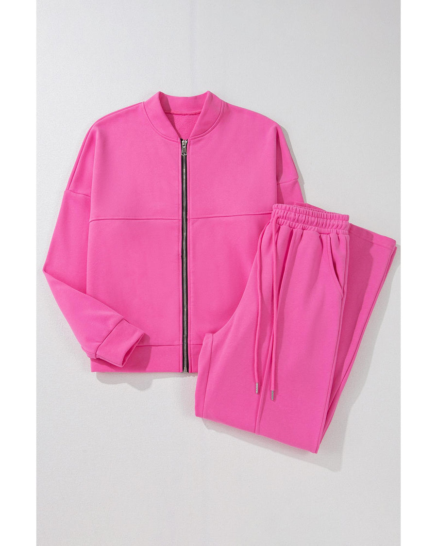 Bright Pink Solid Seamed Zipper Jacket and Drawstring Waist Pants Set - XL