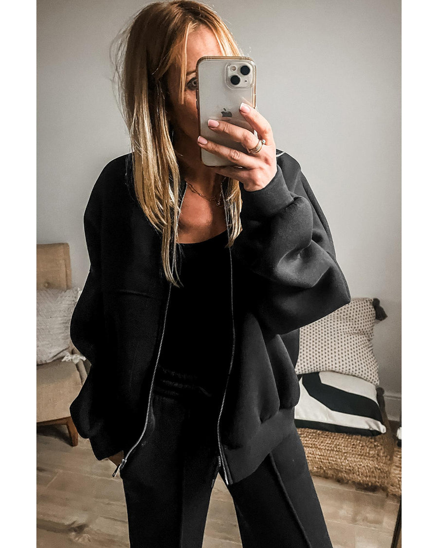 Black Solid Seamed Zipper Jacket and Drawstring Waist Pants Set - S