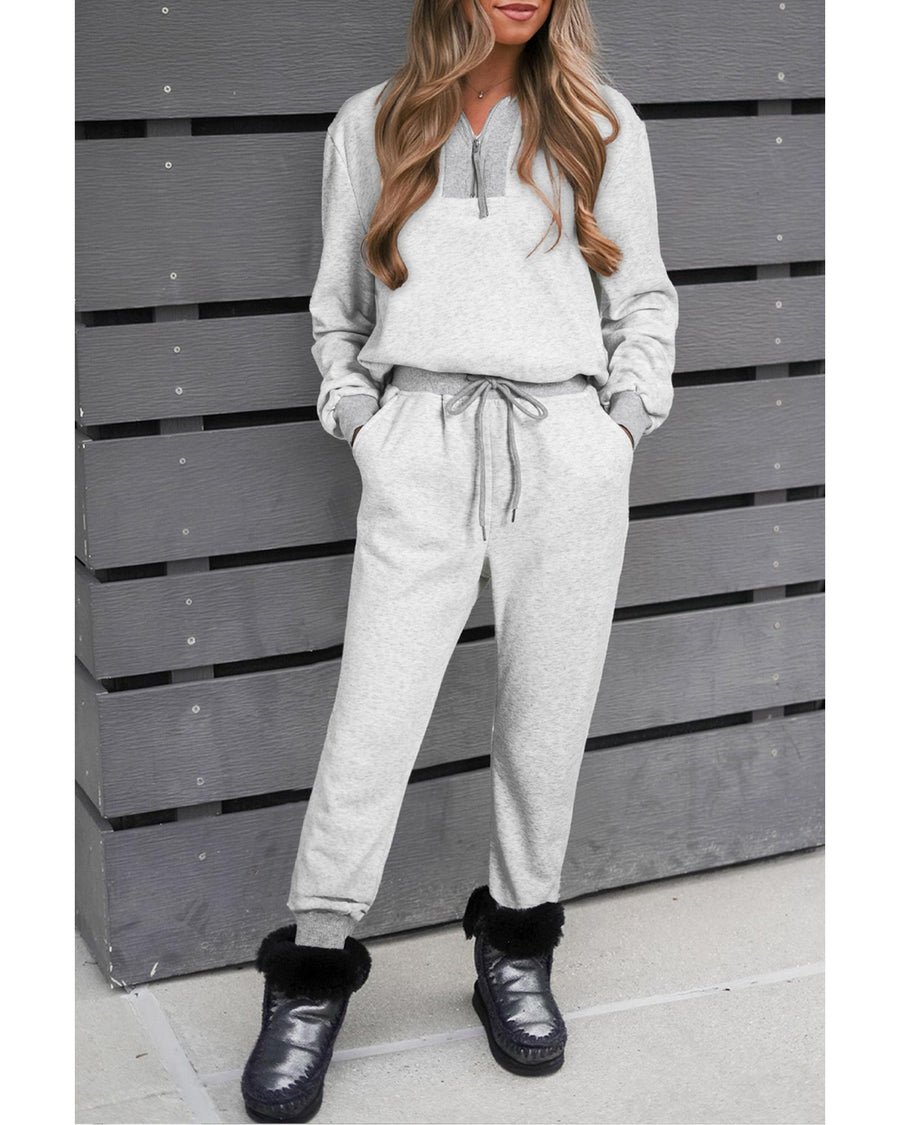 Light Grey Solid Zip Pullover Top and Drawstring Joggers Set - XL