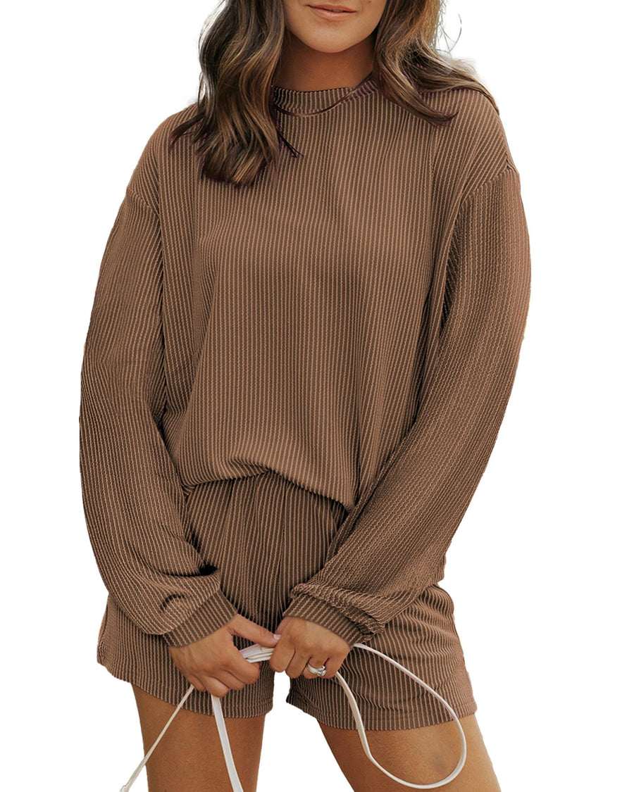 Chestnut Corded Knit Long Sleeve Top and High Waist Shorts Set - XL